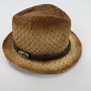 Hawaiian Tropic Straw Fedora Hat Brown Woven Summer Beach Resort Boho Unisex